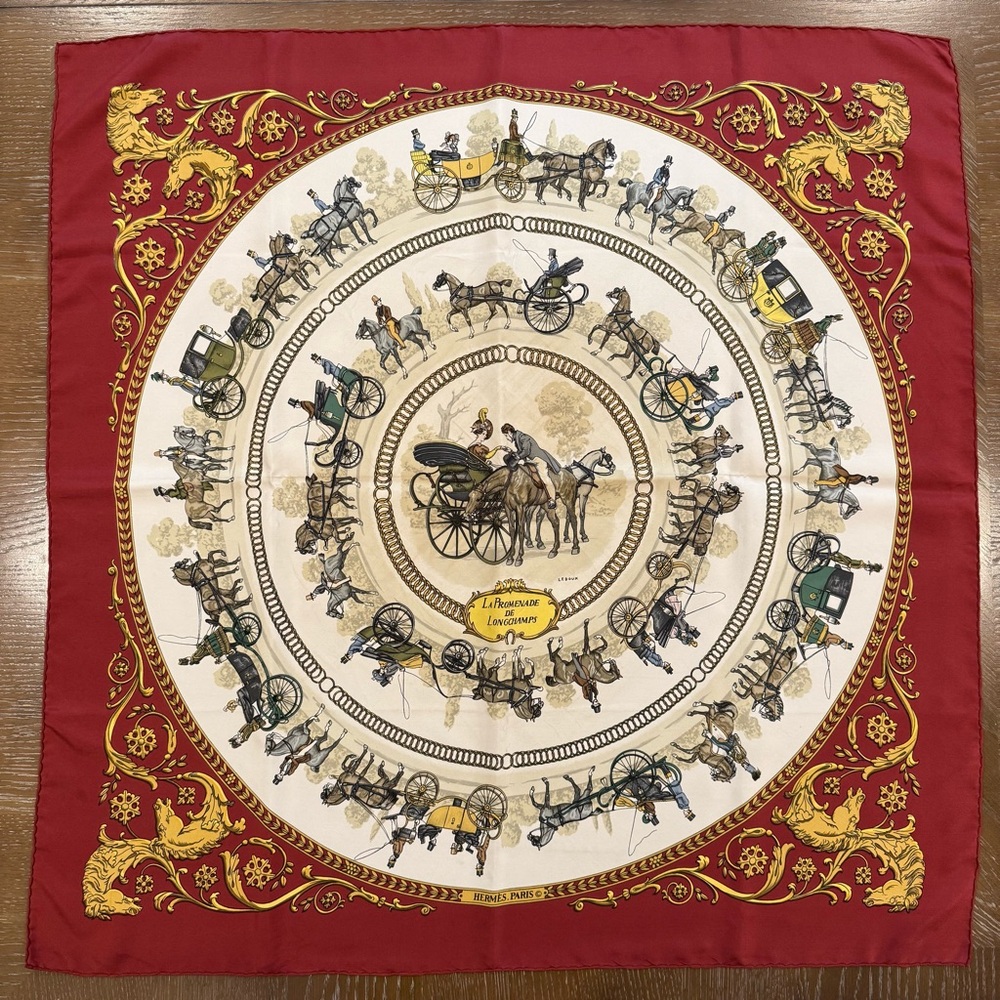 Authentic Hermès Silk Scarf 90 Carré Red Cream Gold Hand Rolled Made in France